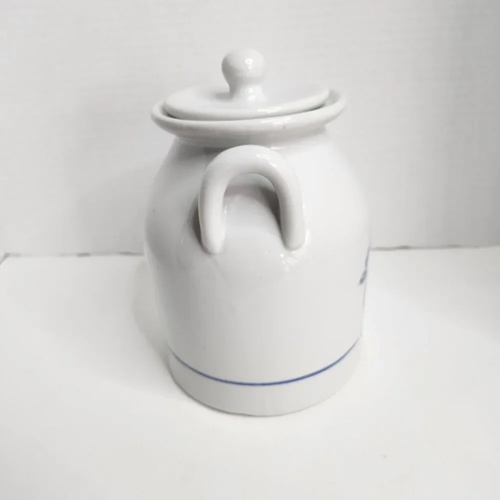 Vintage Ceramic Crock Canister Blue Flower Box Double Handles With Lid